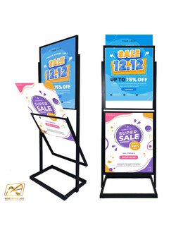 ป้ายตั้งพื้น กรอบคู่ สีดำ ไม่มีล้อ ขนาดเฟรม (W) 60 × (L) 80 x (H) 177.5 cm. สอดงานด้านบน โชว์ภาพ2ด้าน ถอดประกอบได้