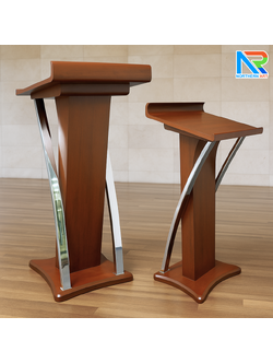 โพเดียมไม้ สีโอ๊คแดง ตกแต่งสแตนเลสเกรด304 ขนาด (W) 55 x (L) 50 x (H) 120 cm.