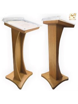 โพเดียมลายไม้ สีสัก ขนาด (W) 48 x (L) 40 x (H) 120 cm. Top เอียง ปิดทับอะคริลิคใสพร้อมหมุด