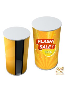 เคาน์เตอร์ออกบูธ เคาน์เตอร์สำเร็จรูป ทรงกลม TOPไม้สีขาวขนาด 50 ซม. ถอดประกอบได้ เคลื่อนย้ายสะดวก แถมกระเป๋าสีดำ 1 ใบ