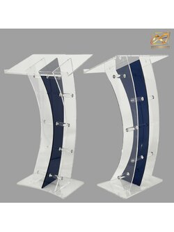 โพเดียมอะคริลิคใส และอะคริลิคสีน้ำเงิน ขนาด(W)60 x (L)42 x (H)113 cm. TOP เอียงพร้อมกันตก