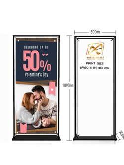 ป้ายตั้งพื้น แบบแขวน ขนาด 80x180 ซม. ฐานเหล็กทึบ สีดำ ถอดประกอบได้ เคลื่อนย้ายสะดวก