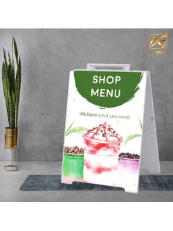 ป้ายตั้งพื้น ป้ายมินิมอล สีขาว 2 หน้า ขนาด 46x60 cm. พับเก็บได้ ขอบเหล็กทำสีหุ้มแผ่นพลาสวูดหนา 10 มม.