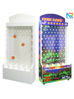 เกมส์หย่อนเหรียญตั้งพื้น มีล้อ ขนาด (W)80 X (D)30 X (H)150 cm. วัสดุไม้MDFปิดผิวเมลามีน และแผ่นอะคริลิคใส พร้อมเหรียญอะคริลิค 12 อัน