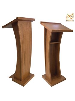 โพเดียมไม้ ปิดผิวลายไม้ สีสัก ขนาด (W) 50 x (L) 40 x (H) 120 cm. พร้อมชั้นวางของ