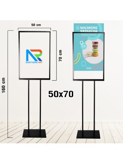 โปสเตอร์สแตนด์เหล็ก เสาคู่ ขนาด (W)50 x (L)70 cm. ฐานเหลี่ยม พร้อมแผ่นอะคริลิคใส 2 แผ่นโชว์งานพิมพ์ 2 ด้าน
