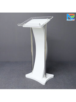 โพเดียมไม้ สีขาว ขนาด (W) 50 x (L) 40 x (H) 120 cm. พร้อมเสาสแตนเลสคู่ TOP เอียง อะคริลิคใส ติดหมุด