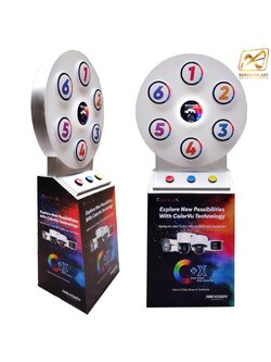 เช่าเกมส์วงล้อ รุ่นไฟฟ้า ขนาดวงล้อ 76 ซม. สูง 165 ซม. พร้อมแป้นกดปุ่มแรนดอมรับรางวัล ( ราคาเช่าพร้อมงานพิมพ์)