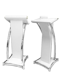 โพเดียมเหล็ก สีขาว ตกแต่งเสาโค้งสแตนเลสสีเงิน TOPขนาด (W) 48 x (D)39 cm. สูง 117 cm.
