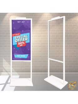 โปสเตอร์สแตนด์ รุ่นB ขนาด (W)44 x (H)135 cm. เสาคู่ ฐานเหล็ก สีขาว โชว์งานพิมพ์ 2 ด้าน ใส่โลโก้ได้ ถอดประกอบได้