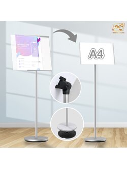 โปสเตอร์สแตนด์ ขนาด A4 ฐานกลม สีเงิน เสาเดี่ยว สอดภาพจากด้านข้าง เปลี่ยนมุมเอน ปรับแนวตั้ง-แนวนอนได้