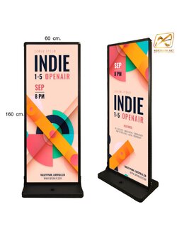 ป้ายตั้งพื้นฐานน้ำ ขนาด(W) 63 x (L) 37 x (H) 166 cm. โชว์งานพิมพ์ 2 ด้าน โครงอะลูมิเนียม ถอดประกอบได้ ฐานน้ำถ่วงน้ำหนัก