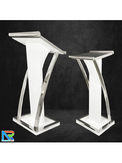 โพเดียมไม้จริง สีขาว PD-01 ขนาด (W) 48x (L) 51 (H) 120 cm Top หุ้มสแตนเลส เกรด 304 พร้อมตกแต่งเสาโค้งสแตนเลส