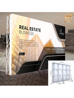 VINYL BACKDROP OUTDOOR แบคดรอบไวนิล รุ่น 3x5 ขนาด (W)500 x (H)300 cm. โครงอะลูมิเนียมพร้อมขาค้ำยัน ถอดประกอบและพับเก็บได้ แข็งแรง เหมาะกับงานภายนอกอาคาร