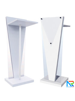 โพเดียมไม้สีขาว ทรงสามเหลี่ยม ขนาด (W) 45 x (L) 35 x (H) 120 cm. ด้านข้างอะคริลิคใส หนา 8 มม. ด้านหน้าอะคริลิคใส ติดหมุด สำหรับติดโลโก้