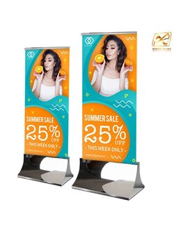 CLEARANCE SALE! ป้ายตั้งพื้น ฐานสแตนเลสเงาพร้อมล้อ ขนาด 60x160 ซม.ถอดประกอบได้ โชว์งานพิมพ์สองด้าน ( ราคาเฉพาะฐาน ไม่รวมแผ่น)