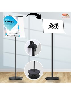 โปสเตอร์สแตนด์ ขนาด A4 ฐานกลม สีดำ เสาเดี่ยว สอดภาพจากด้านข้าง เปลี่ยนมุมเอน ปรับแนวตั้ง-แนวนอนได้