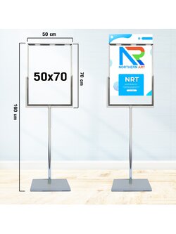 โปสเตอร์สแตนด์ สแตนเลส เสาเดี่ยว ฐานเหลี่ยม ขนาด (W)50 x (L)70 x (H)160 cm. สแตนเลสเกรด304 โชว์งานพิมพ์ 2 ด้าน