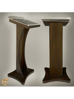 โพเดียมลายไม้ สีโอ๊คเข้ม ขนาด (W) 48 x (L) 40 x (H) 120 cm. Top เอียง ปิดทับอะคริลิคใสพร้อมหมุด