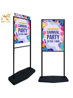 ป้ายตั้งพื้นฐานน้ำ ขนาด 60x80x159 ซม. โครงอะลูมิเนียม โชว์งานพิมพ์ 2 ด้าน ฐานน้ำ ลมพัด ไม่ล้ม ใช้ภายนอกอาคารได้