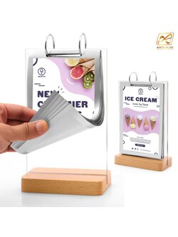 เมนูสแตนไม้ ตั้งโต๊ะ D3 ฐานไม้จริง สีบีช พร้อมซอง 6 ซอง โชว์งานพิมพ์ 2 ด้าน