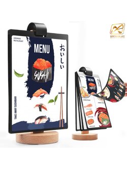 เมนูสแตนฐานไม้ ตั้งโต๊ะ D4 ฐานไม้สีบีช พร้อมซองพลาสติก 5 ซอง สอดงานพิมพ์ด้านข้าง โชว์งานพิมพ์ได้ 2 หน้า