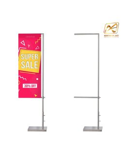 ธงญี่ปุ่นสแตนเลส ฐานปูน แขนเดี่ยว ขนาด (W)40 x (H)200-210 ซม. แข็งแรง มั่นคง ลมพัดไม่ล้ม แขนล่างปรับระดับได้