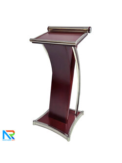 โพเดียมไม้ สีโอ๊ค ขนาด (W)50 x (L)40 x (H)117 cm. ตกแต่งเสาโค้งสแตนเลส ด้านข้าง Top และฐาน หุ้มสแตนเลส เกรด201