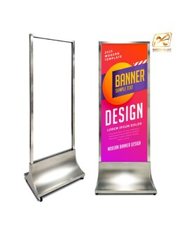 CLEARANCE SALE! ป้ายตั้งพื้น ฐานสแตนเลสแฮร์ไลน์ ทรงสามเหลี่ยม ขนาด 60x192 ซม.พร้อมล้อเลื่อน ถอดประกอบได้ โชว์งานพิมพ์สองด้าน