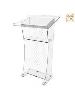 โพเดียม อะคริลิคใส AC-07 ขนาด 70x50x120 ซม.ด้านหน้าฉลุลาย TOP เอียงพร้อมกันตก วัสดุอะคริลิคใส หนา 10-20 มม.