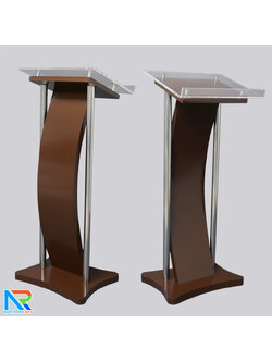 โพเดียมไม้ สีโอ๊ค ขนาด (W) 41 x (L) 50 x (H) 120 cm. พร้อมเสาสแตนเลสคู่ TOP เอียง อะคริลิคใส ติดหมุด