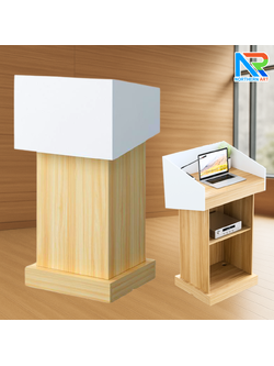 โพเดียมไม้MDF ทูโทน สีขาว และสีสักลายไม้ ขนาด (W)73 x (L)54 x (H)117 cm. พร้อมชั้นวาง