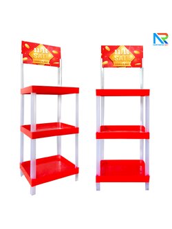 ชั้นวางสินค้าพลาสติก 3 ชั้น สีแดง ขนาด (W) 53 x (L) 35 x (H) 140 cm. น้ำหนักเบา ถอดประกอบได้