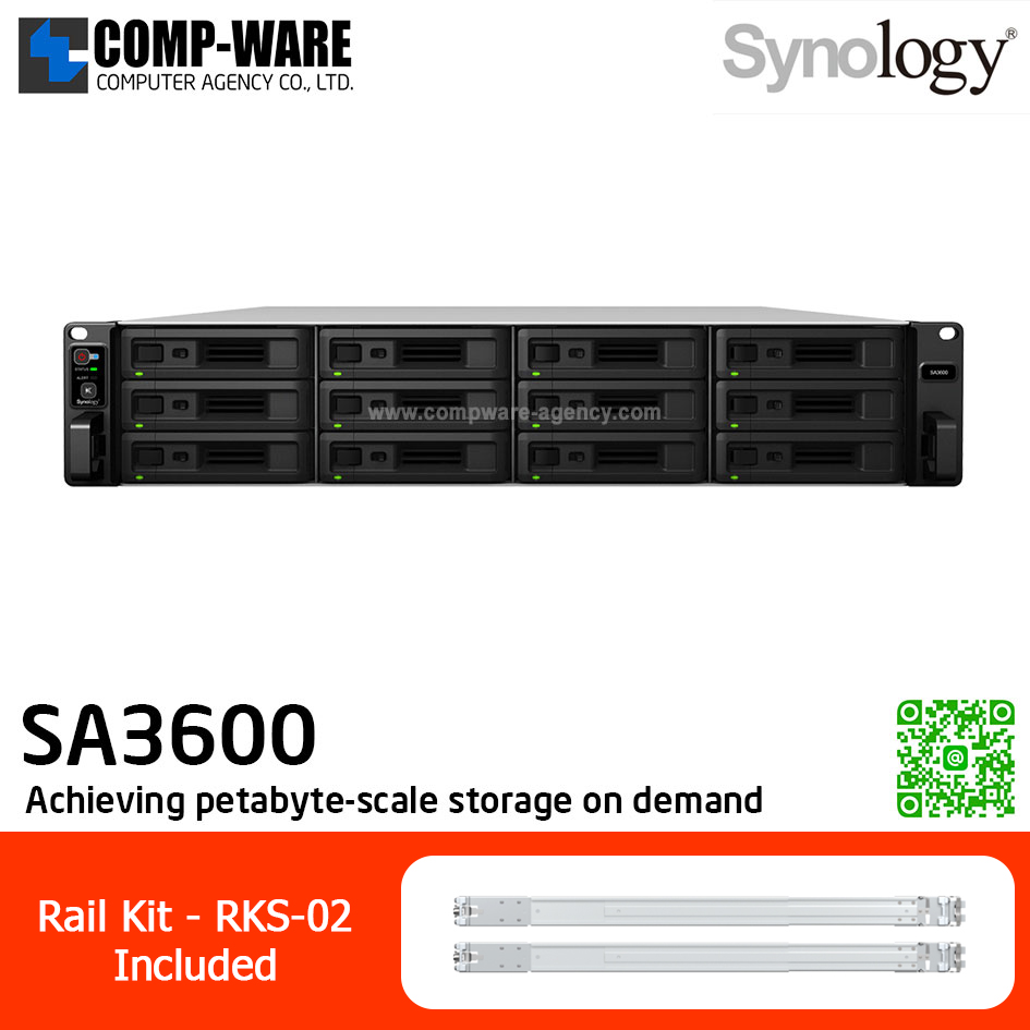 Synology RackStation (2U 12-Bay) SA3600 (16GB ECC RAM up to 128GB) Intel Xeon D-1567 12-Core ,with Rail Kit RKS-02 / No HDD