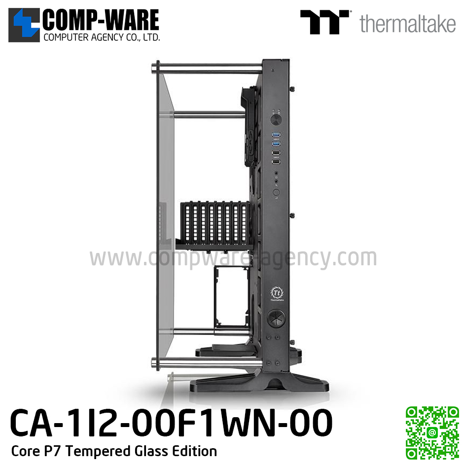 Thermaltake Core P7 Tempered Glass Edition E-ATX full-tower chassis with one tempered glass window and four installation angle options. CA-1I2-00F1WN-00
