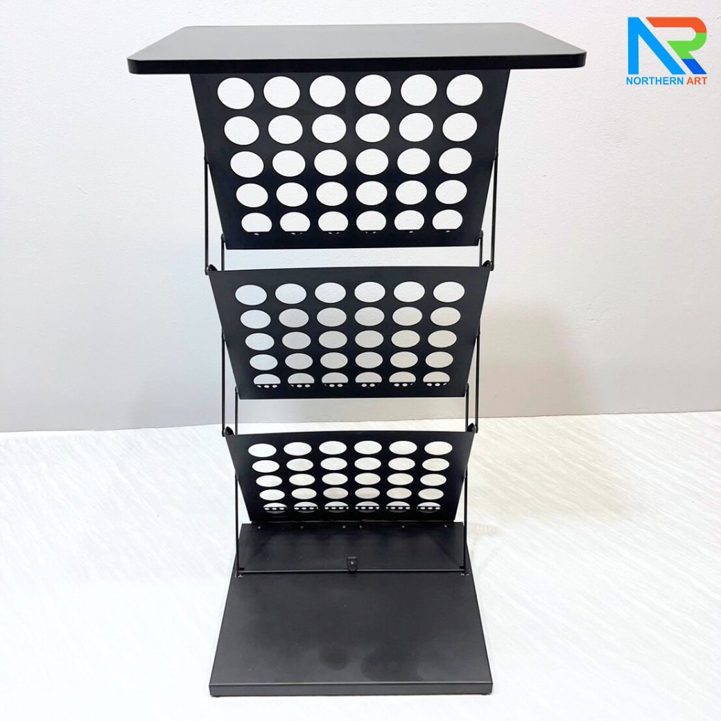 ชั้นวางโบรชัวร์เหล็กพร้อมTOPไม้สีดำ พับเก็บได้ ช่องใส่โบชัวร์ ขนาด A3 มี 3 ช่อง