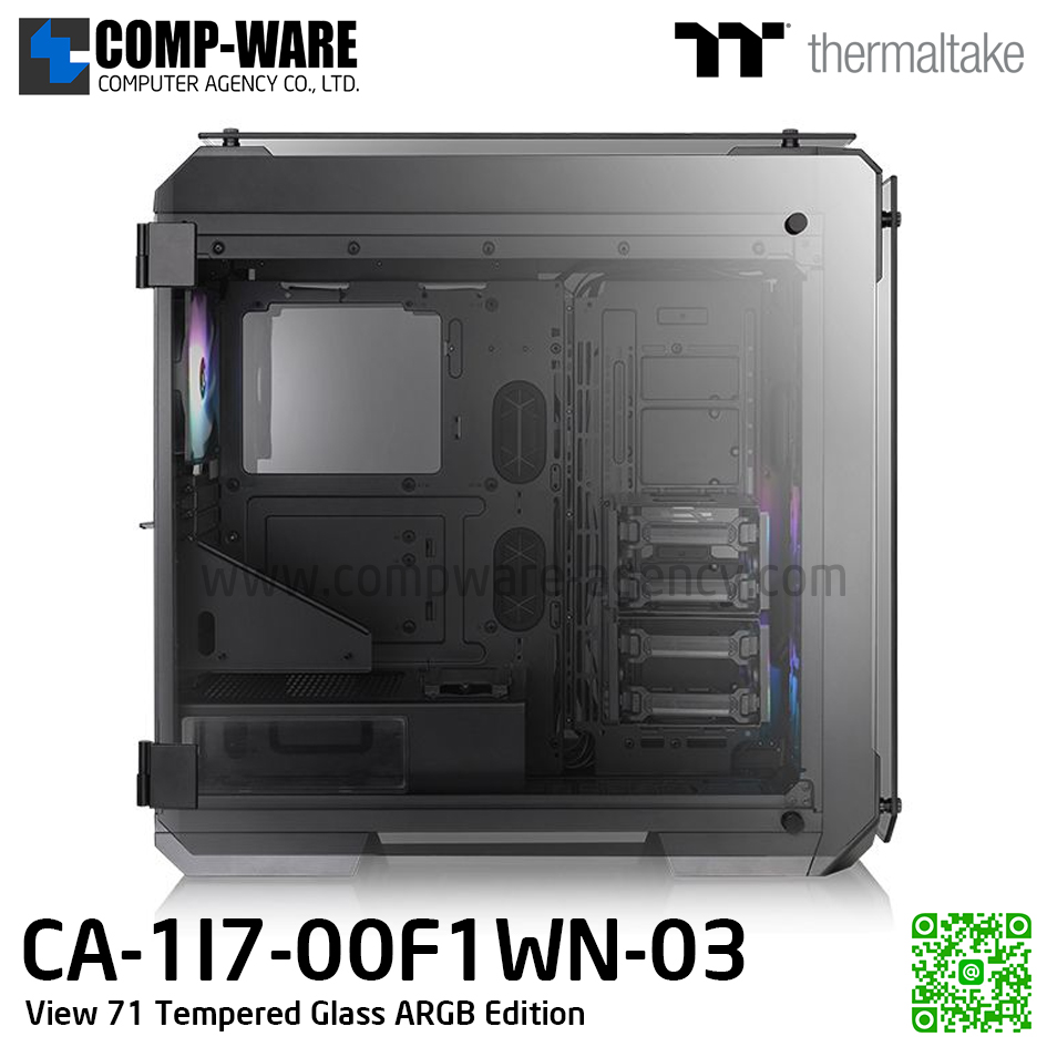 Thermaltake View 71 Tempered Glass ARGB Edition full tower case which comes with three pre-installed 140mm ARGB fans, built-in power cover, and can support motherboards up to E-ATX. CA-1I7-00F1WN-03