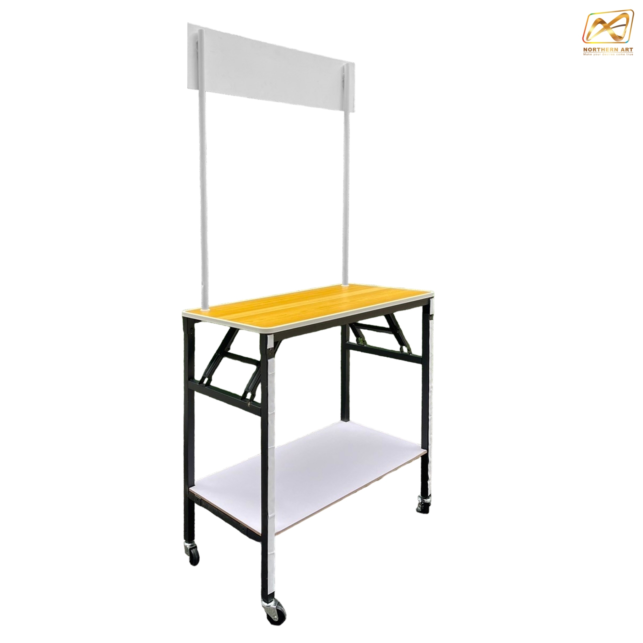 โต๊ะชงชิม TOPไม้ พร้อมล้อ ขนาด (W)80 X (D)40 X (H)170 cm. โครงเหล็กพับได้ มีชั้นวางของ แข็งแรง รับน้ำหนักได้ดี