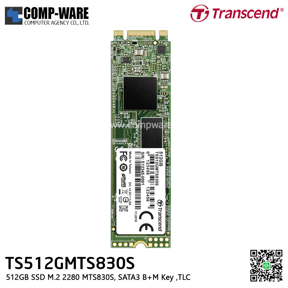 Transcend MTS830S 512GB SSD M.2 2280 , SATA3 B+M Key ,TLC TS512GMTS830S - 5Y Warranty