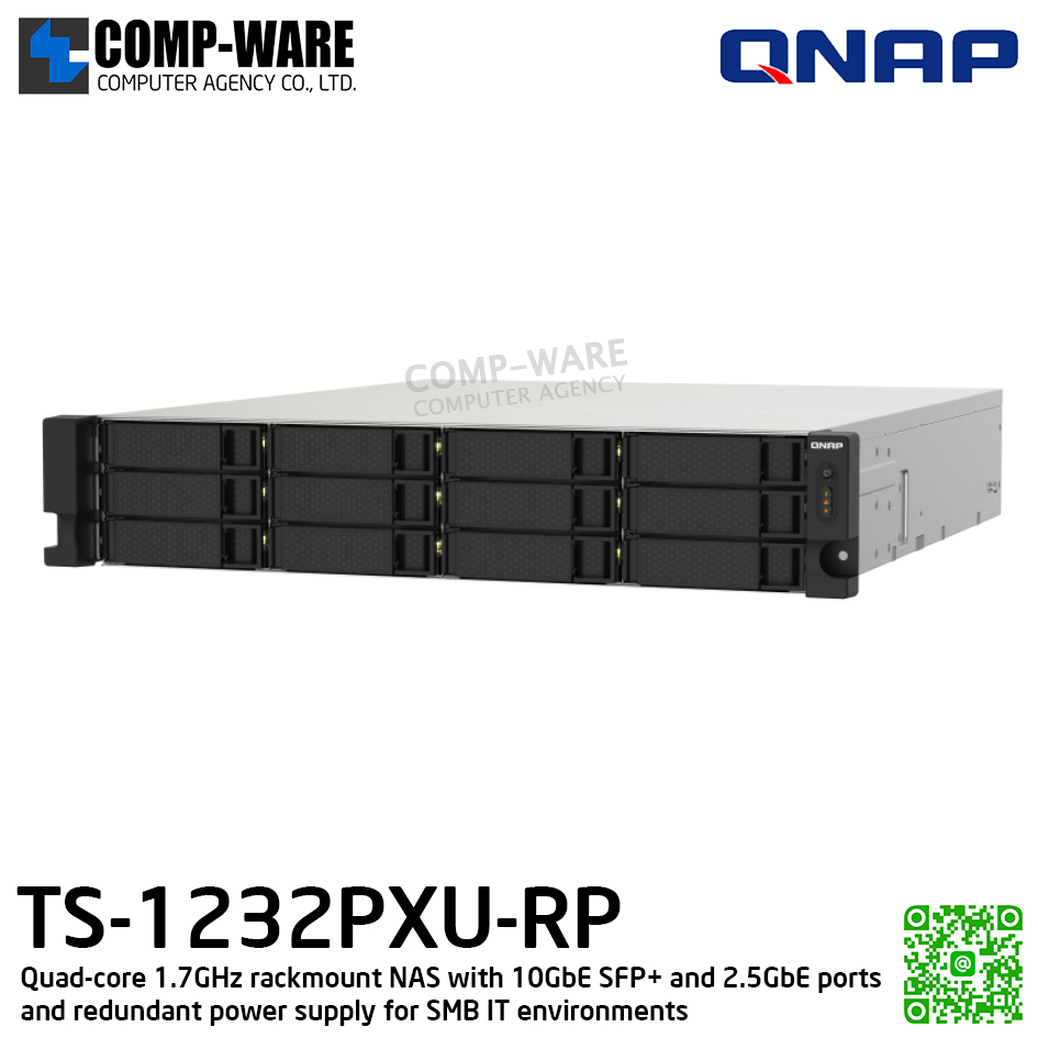 QNAP (2U 12-Bay) TS-1232PXU-RP-4G / Annapurna Labs Alpine AL324 (4Core) / 4GB DDR4 UDIMM / 12 x 2.5"/3.5" SATA 6Gbps / 2 x 10GbE SFP+ + 2 x 2.5GbE / Redundant PSU / 3Y Warranty / No HDD / Rail kit RAIL-B02