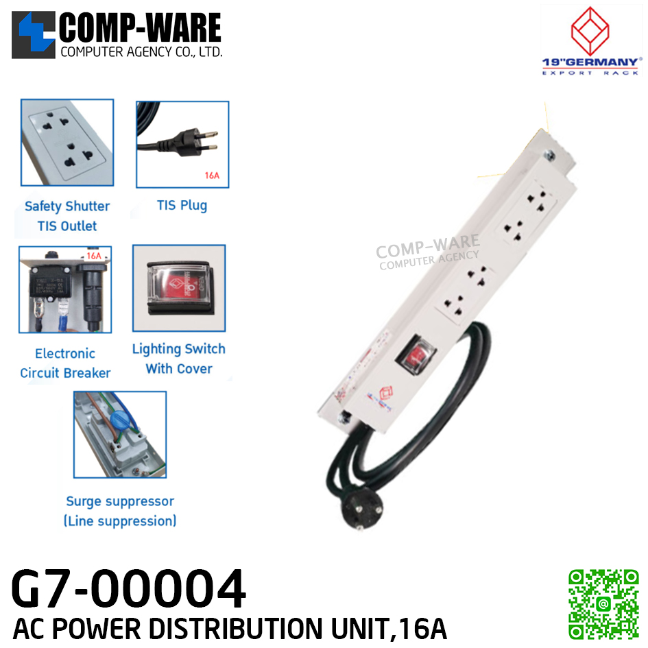 19" Germany Rack Accessories G7-00004 AC POWER DISTRIBUTION 4 TIS Outlets w/Cable 1.8M. , w/SW Cover (รางไฟ 4 Outlet)