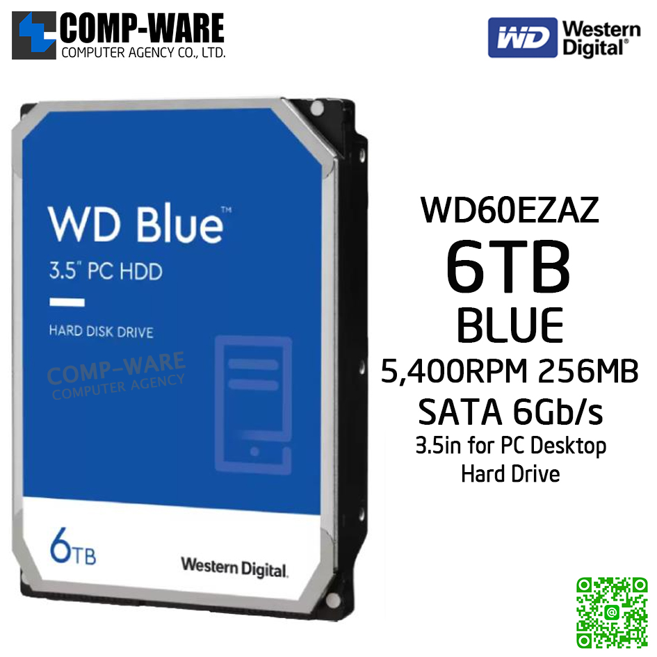 WD Blue 6TB Desktop Hard Disk Drive SATA 6 Gb/s 5400RPM 256MB Cache 3.5Inch - WD60EZAZ (รับประกัน 3 ปี)