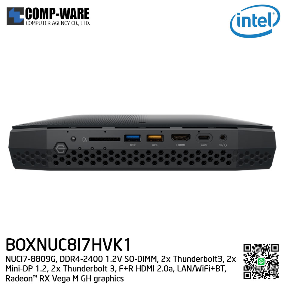 Intel NUC8I7HVK Mini PC NUC Kit - (Core I7-8809G, 1 X M.2 ,DDR4-2400+ 1.2V SO-DIMM, 2x Thunderbolt3, 2x Mini-DP 1.2, 2x Thunderbolt 3, F+R HDMI 2.0a, LAN/WiFi+BT, Radeon™ RX Vega M GH graphics) BOXNUC8I7HVK1