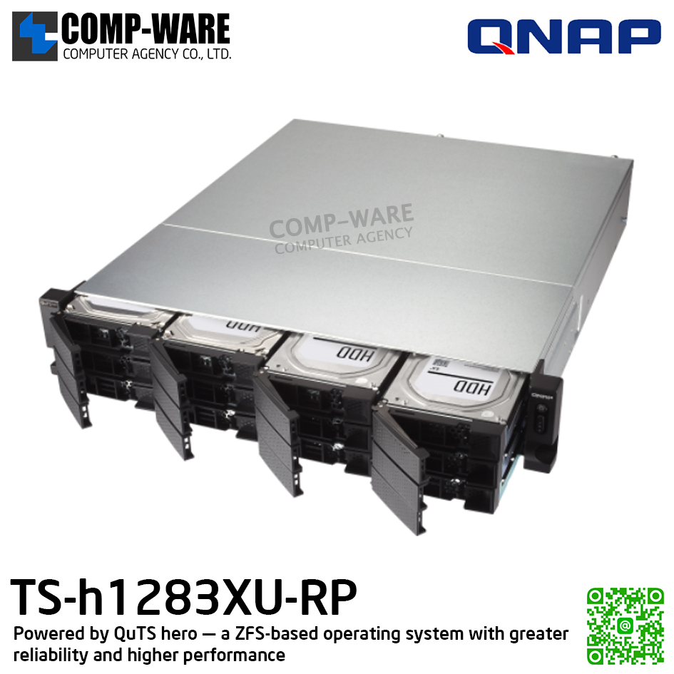 QNAP (2U 12-Bay) TS-h1283XU-RP-E2236-32G / Intel Xeon E-2236 (6Core) / 32GB UDIMM DDR4 ECC / 12 x 2.5"/3.5" SATA 6Gbps / 4 x GigaLan, 2 x 10GbE SFP+ SmartNIC, 2 x 10GBase-T / 500W Redundant PSU / 3Y Warranty / No HDD / Rail Kit RAIL-B02