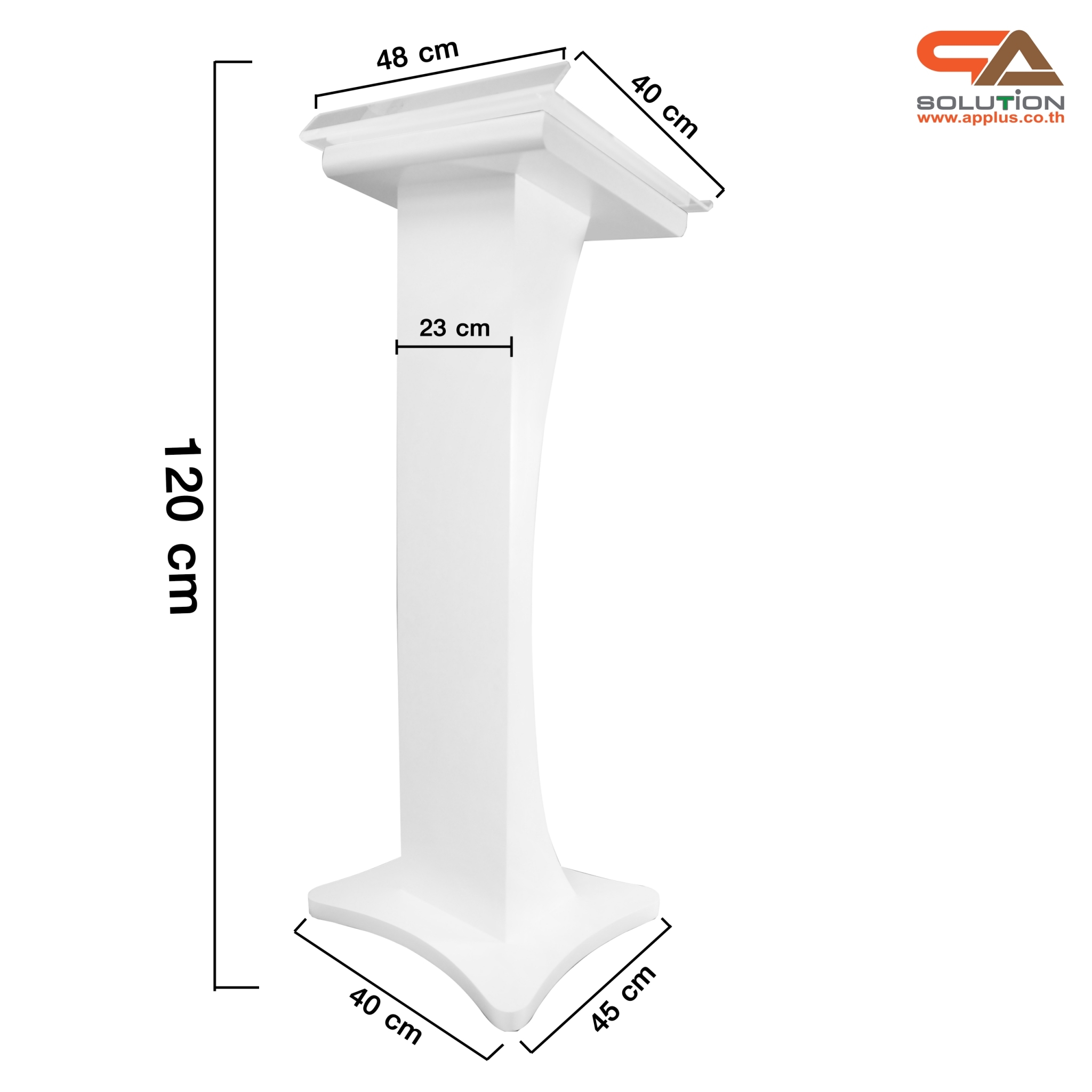 โพเดียมไม้ สีขาว ขนาด (W) 48 x (L) 40 x (H) 120 cm. Top เอียง ปิดทับอะคริลิคใสพร้อมหมุด