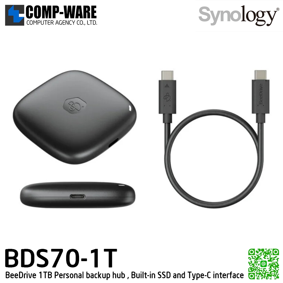 Synology BeeDrive 1TB Personal backup hub , Built-in SSD and USB 3.2 Gen 2 (10Gbps) Type-C interface - 3Y Warranty - BDS70-1T