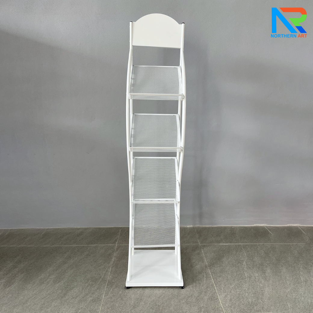 ชั้นวางโบรชัวร์เหล็กA4 สีขาว 4 ชั้น ทรง S ขนาด (W)31.5 X (L)31 X (H)149 cm. ถอดประกอบได้
