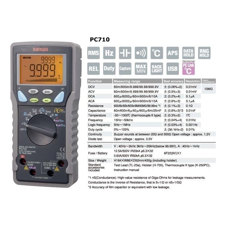 Sanwa PC710 Digital Multimeters／High accuracy/High resolution (PC Link) True RMS, Dual Display