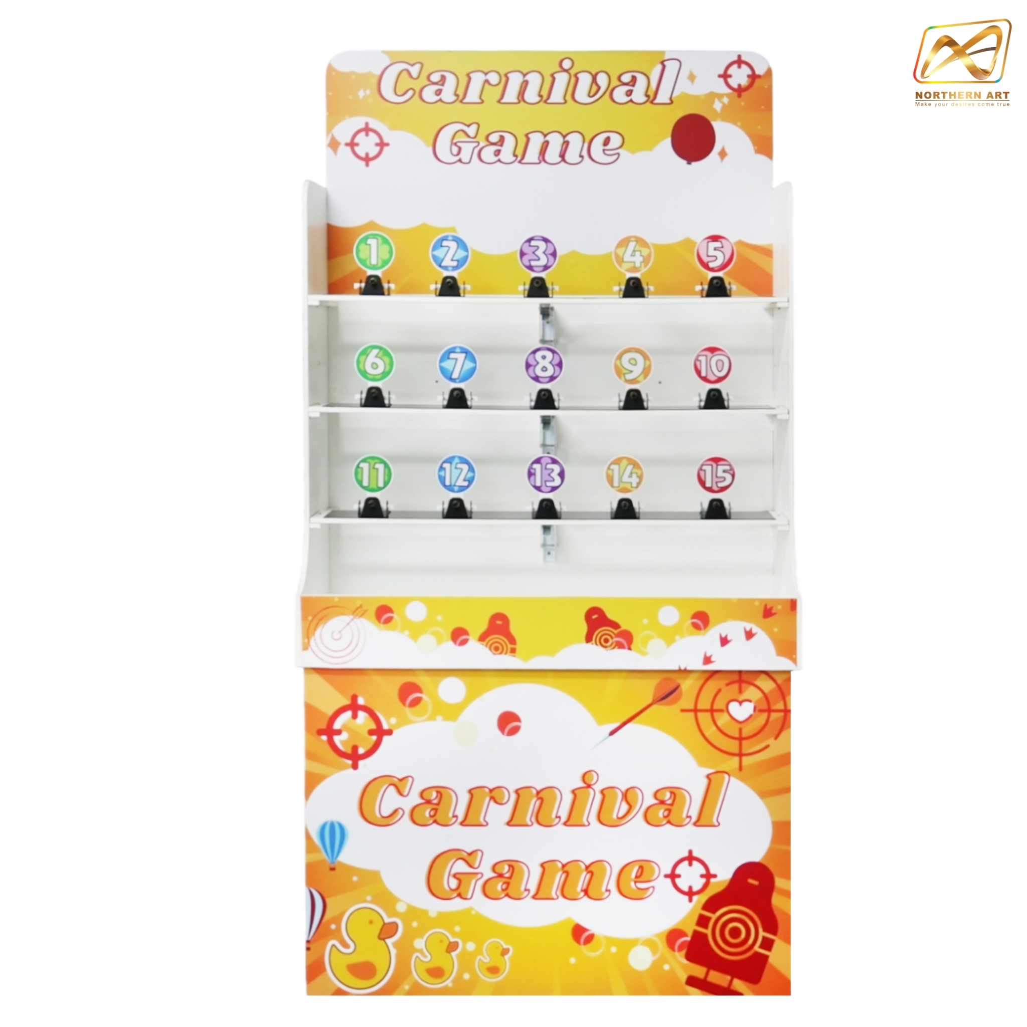 เช่าเกมส์ยิงเป้าเหล็ก ขนาด (W) 90 x (L)36 x (H)180 cm. พร้อมเป้าเหล็กกลม 15 อัน ปืน 2 กระบอก กระสุนโฟม 20 นัด