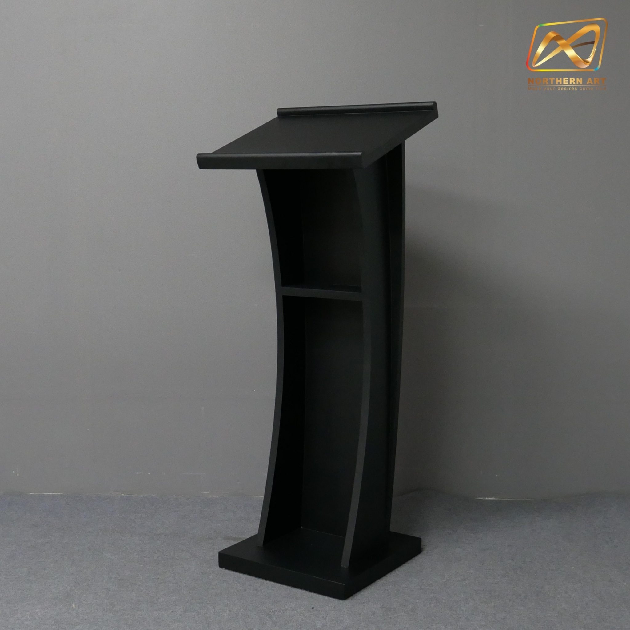 โพเดียมไม้ สีดำ ขนาด (W) 50 x (L) 40 x (H) 120ซม.TOP เอียง พร้อมชั้นวางของ
